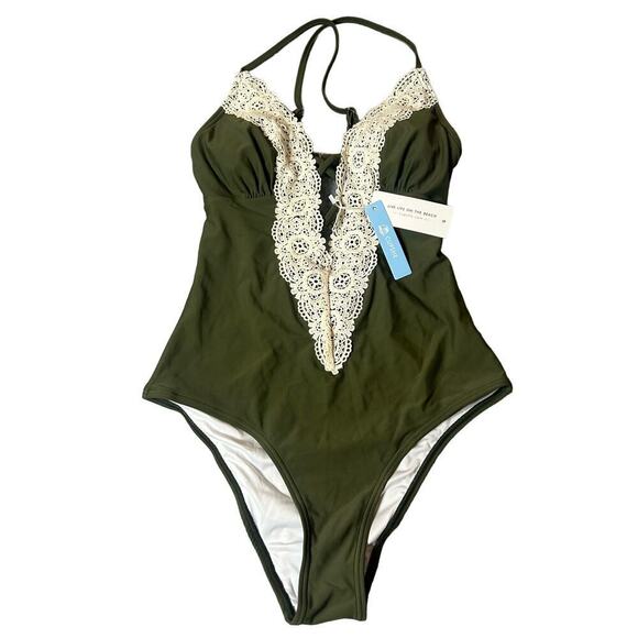 Cupshe Swimsuit Womens S Green Lace Plunge One Piece Swimsuit‎ NEW - Picture 1 of 9